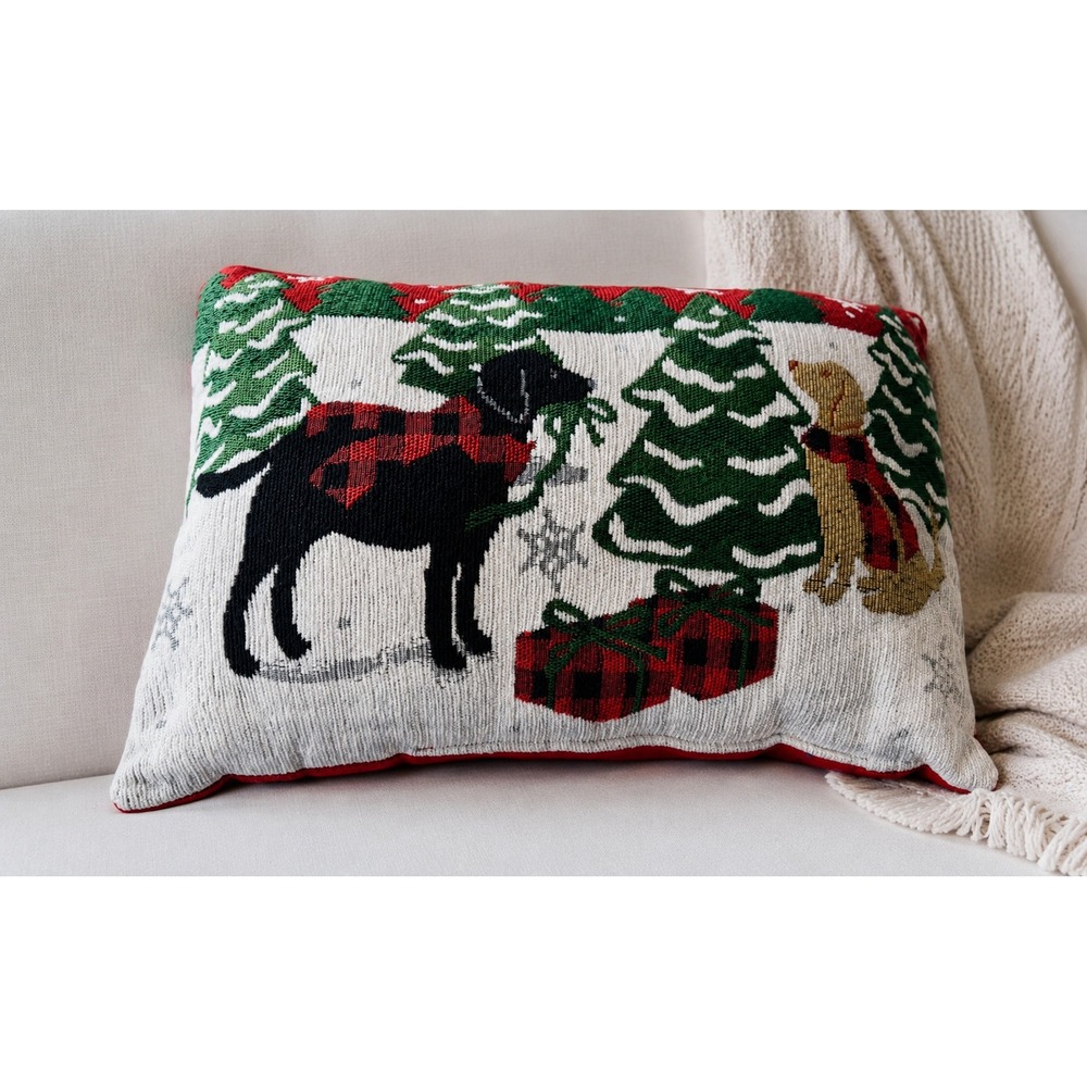 Tapestry Christmas Throw Pillow Black Lab Goldendoodle Buffalo Plaid Trees Gifts